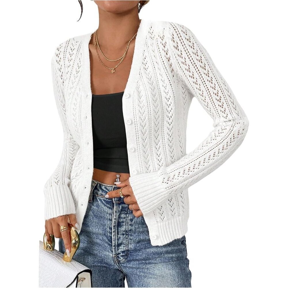 Women's Pointelle Knit Cardigan Sweater Lightweight Button Down Casual